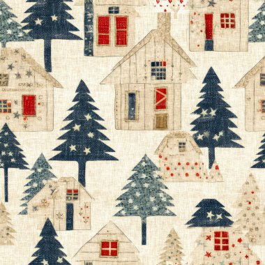 İlkel el dikimi kumaş efektiyle taşralı bir kır evi. Konforlu nostaljik, pejmürde, şık, ev yapımı Amerikan kış el sanatları tarzı, kusursuz desenli.