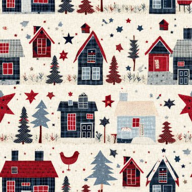 İlkel el dikimi kumaş efektiyle taşralı bir kır evi. Konforlu nostaljik, pejmürde, şık, ev yapımı Amerikan kış el sanatları tarzı, kusursuz desenli.