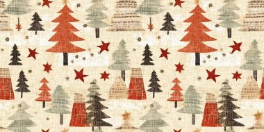 Old-Fashioned christmas tree with primitive hand sewing fabric effect endless edging. Cozy nostalgic homespun winter hand made crafts style trim