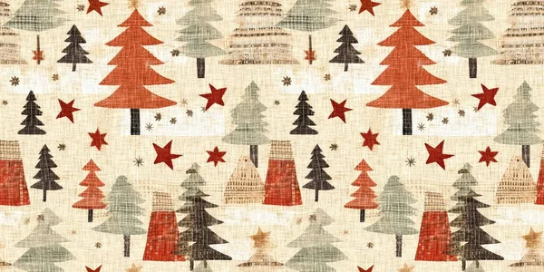 Old-Fashioned christmas tree with primitive hand sewing fabric effect endless edging. Cozy nostalgic homespun winter hand made crafts style trim