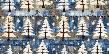 Old-Fashioned christmas tree with primitive hand sewing fabric effect banner. Cozy nostalgic homespun winter hand made crafts style ribbon