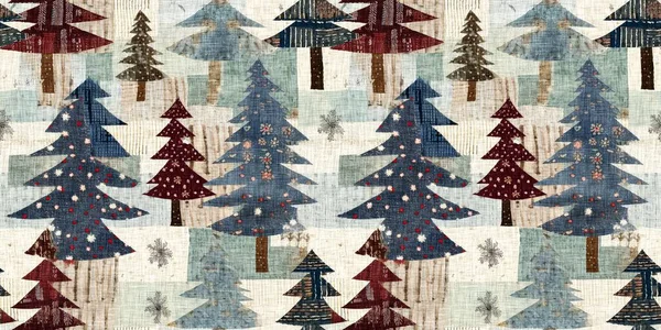 具有原始手工缝纫面料效果边界的老式圣诞树 温馨怀旧的家喻户晓的冬季手工制作的手工艺品风格横幅 — 图库照片