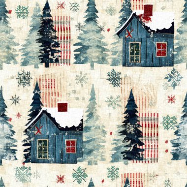 İlkel el dikimi kumaş efektiyle taşralı bir kır evi. Konforlu nostaljik, pejmürde, şık, ev yapımı Amerikan kış el sanatları tarzı, kusursuz desenli.