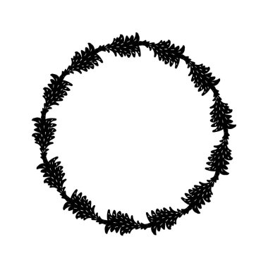 Beyaz arkaplanda izole edilmiş garip vektör tarzında Scandi çelengi. Eğlenceli antika grafikler için dekoratif çerçeveler. Tek renkli dekoratif tuhaf illüstrasyon