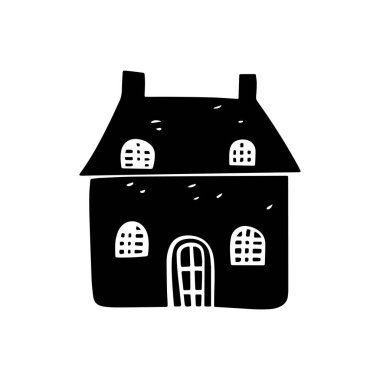 Garip kırsal kulübe tatil evi vektör çizimi. Skandi kış sahnesi karalaması için blok baskısı emlak grafiği. Tuhaf, asgari şekilli ev dekorasyonu.