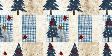 Old-Fashioned christmas tree with primitive hand sewing fabric effect banner. Cozy nostalgic homespun winter hand made crafts style ribbon