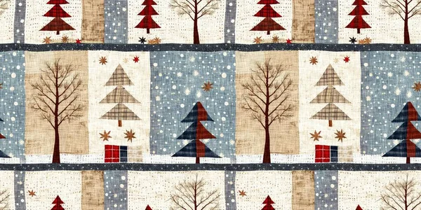 Albero Natale Vecchio Stile Con Bordo Primitivo Effetto Tessuto Cucito — Foto Stock