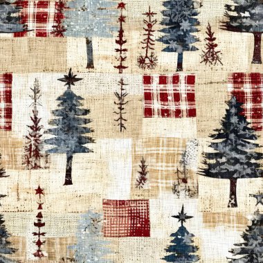 İlkel el dikimi kumaş efektli eski moda noel ağacı. Konforlu nostaljik ev yapımı kışlık el işçiliği, kusursuz desen.