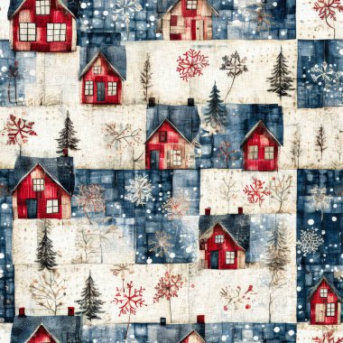 İlkel el dikimi kumaş efektiyle taşralı bir kır evi. Konforlu nostaljik, pejmürde, şık, ev yapımı Amerikan kış el sanatları tarzı, kusursuz desenli.