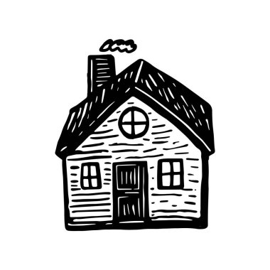 Garip kırsal kulübe tatil evi vektör çizimi. Skandi kış sahnesi karalaması için blok baskısı emlak grafiği. Tuhaf, asgari şekilli ev dekorasyonu.