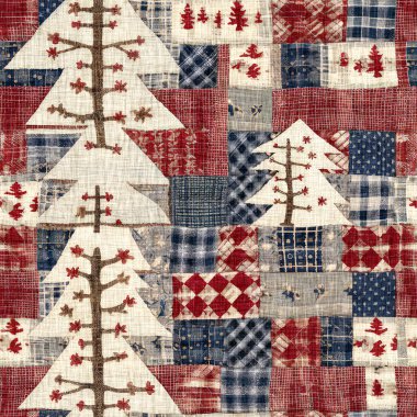 İlkel el dikimi kumaş efektli eski moda noel ağacı. Konforlu nostaljik ev yapımı kışlık el işçiliği, kusursuz desen.