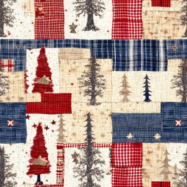 İlkel el dikimi kumaş efektli eski moda noel ağacı. Konforlu nostaljik ev yapımı kışlık el işçiliği, kusursuz desen.