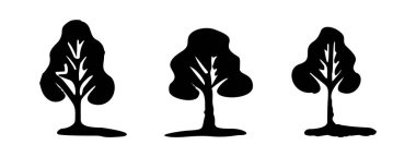 Tuhaf orman ağacı tasarımı, organik vektör koleksiyonu. Açık hava ilginç linocut seti için tek renkli ahşap kaplama