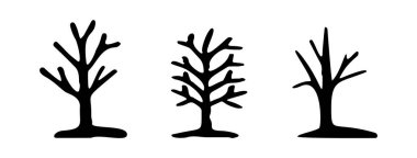 Tuhaf orman ağacı tasarımı, organik vektör koleksiyonu. Açık hava ilginç linocut seti için tek renkli ahşap kaplama