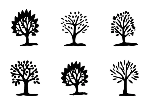 Konstiga Skogsträd Design Samling Vektor Ekologisk Stil Monokrom Skogsmark Arbor — Stock vektor