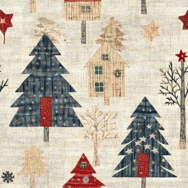 İlkel el dikimi kumaş efektiyle taşralı bir kır evi. Konforlu nostaljik, pejmürde, şık, ev yapımı Amerikan kış el sanatları tarzı, kusursuz desenli.