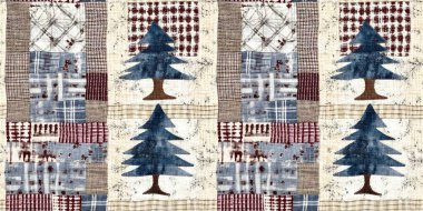 Old-Fashioned christmas tree with primitive hand sewing fabric effect endless edging. Cozy nostalgic homespun winter hand made crafts style trim