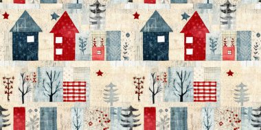 İlkel el dikimi kumaş efektiyle taşralı bir kır evi. Sınır. Rahat nostaljik, pejmürde, şık, ev yapımı, Amerikan el yapımı el sanatları stiliyle süslenmiş bir kurdele.