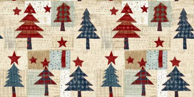 Old-Fashioned christmas tree with primitive hand sewing fabric effect endless edging. Cozy nostalgic homespun winter hand made crafts style trim