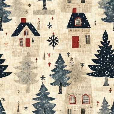 İlkel el dikimi kumaş efektiyle taşralı bir kır evi. Konforlu nostaljik, pejmürde, şık, ev yapımı Amerikan kış el sanatları tarzı, kusursuz desenli.