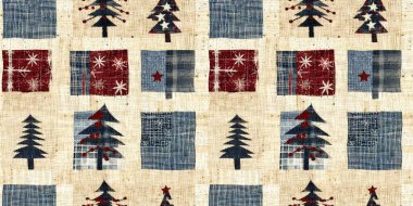 Old-Fashioned christmas tree with primitive hand sewing fabric effect endless edging. Cozy nostalgic homespun winter hand made crafts style trim