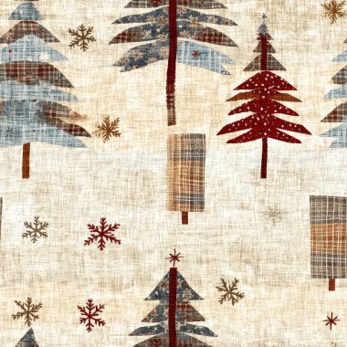 İlkel el dikimi kumaş efektli eski moda noel ağacı. Konforlu nostaljik ev yapımı kışlık el işçiliği, kusursuz desen.