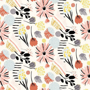 Orta yüzyıl modern çiçek vektörü sonsuz vektör deseni. Organik yaz cinsiyeti nötr 70 'ler Matisse duvar kağıdı