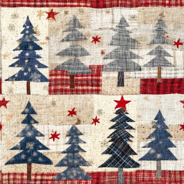 İlkel el dikimi kumaş efektli eski moda noel ağacı. Konforlu nostaljik ev yapımı kışlık el işçiliği, kusursuz desen.