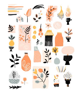 Orta yüzyıl modern botanik motif koleksiyonu. Matisse stilinde organik boho scandi vektör grafikleri. Bir grup tuhaf çiçek 70 'lerin dekoratif şekilleri.