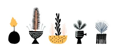 Midcentury modern saksı çiçekli ev bitkisi vektör grafik motifi seti. Organik yaz cinsiyeti nötr 70 'ler modaya uygun şekilde matisse illüstrasyon koleksiyonu
