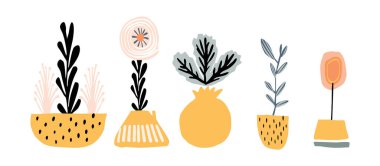 Midcentury modern saksı çiçekli ev bitkisi vektör grafik motifi seti. Organik yaz cinsiyeti nötr 70 'ler modaya uygun şekilde matisse illüstrasyon koleksiyonu