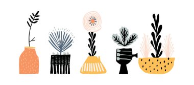 Midcentury modern saksı çiçekli ev bitkisi vektör grafik motifi seti. Organik yaz cinsiyeti nötr 70 'ler modaya uygun şekilde matisse illüstrasyon koleksiyonu