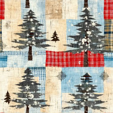 İlkel el dikimi kumaş efektli eski moda noel ağacı. Konforlu nostaljik ev yapımı kışlık el işçiliği, kusursuz desen.