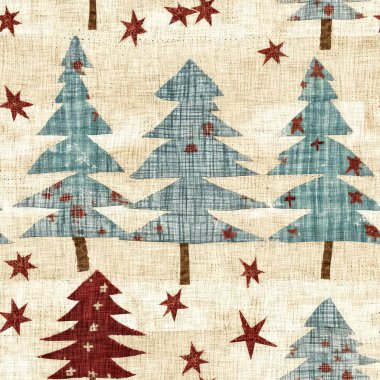 İlkel el dikimi kumaş efektli eski moda noel ağacı. Konforlu nostaljik ev yapımı kışlık el işçiliği, kusursuz desen.