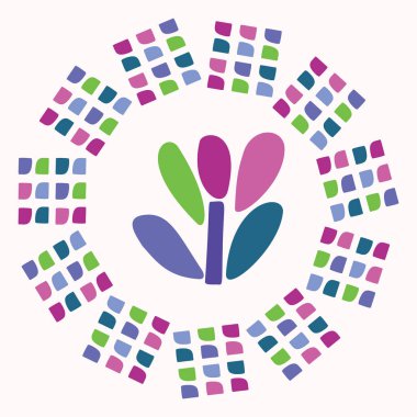 Çocuklar için çiçek grafik tasarımı şeklinde basit bir çelenk çizimi. Mutlu folklor tarzında garip renkli vektör çizimi