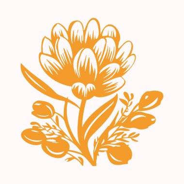 Block print rustic floral folkart isolated vector motif for linocut natural design. Shabby chic icon of botanical element in bold scandi style