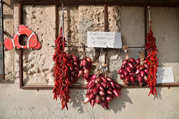 stock image  The image shows bunches of famous red onions of Tropea and chili peppers hanging on a wall with red fish, drying in the sun. The scene reflects traditional methods of preserving and storing food in rural areas. High quality photo