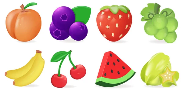 Obst Und Beeren Symbolset Erdbeere Kirsche Blaubeere Erdbeere Traube Wassermelone — Stockvektor