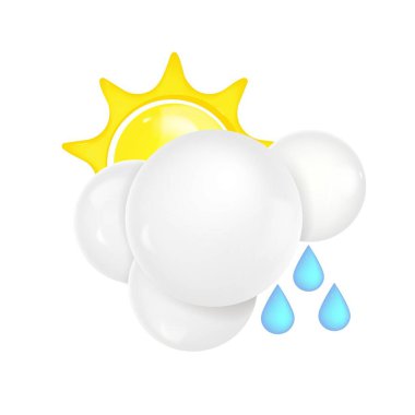 Vektör 3 boyutlu gerçekçi bulut, üç damla su ve sarı güneş. Hava tahmini için güneşli yağmurlu simgenin görüntüsü