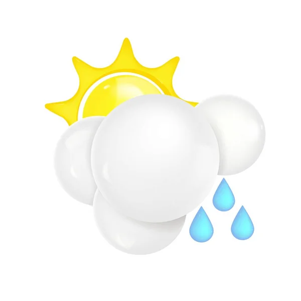 3つの水滴と黄色の太陽とベクトル3D現実的な雲 天気予報のための日当たりの良い雨とアイコンのレンダリング — ストックベクタ