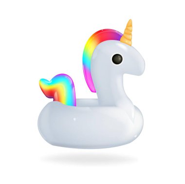 Havuzda yüzmek için lastik yüzük. Şirin beyaz tek boynuzlu at. Can simidi. Beyaz arkaplanda izole edilmiş gerçekçi vektör çizimi