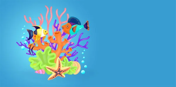 Unterwasserhintergrund Vektorobjekte Korallen Seesterne Muscheln Krabben Grußkarte Plakat Banner Flyer — Stockvektor