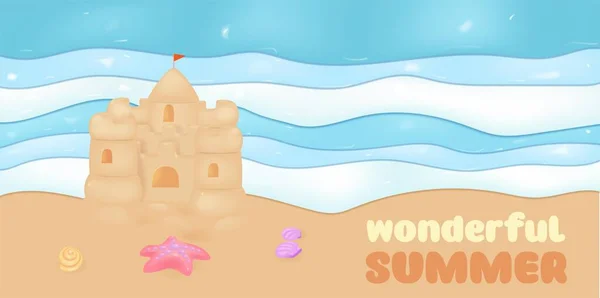 3Dビーチの背景 ベクトル漫画海洋熱帯の風景 砂の城 川やヒトデと日当たりの良いビーチの背景 — ストックベクタ