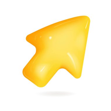 Dışbükey 3d ok sarı renkte. Plastik karikatür tarzında gerçekçi 3D tasarım. Beyaz arkaplanda simge izole edildi. Vektör illüstrasyonu.