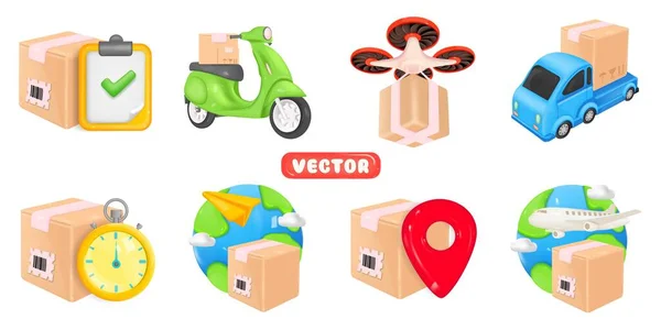 Iconos Envío Render Vector Conjunto Cronómetro Dron Tierra Avión Motocicleta — Vector de stock
