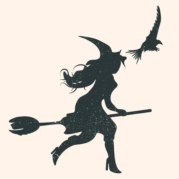 Süpürgedeki Cadı Vektör Siyah Siluet Grunge Desenli Kuzgun Cadısı — Stok Vektör