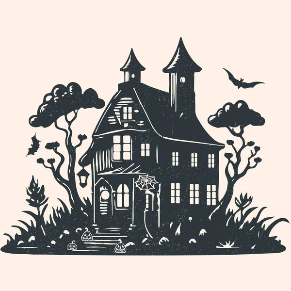 一个女巫的房子被令人毛骨悚然的树 南瓜和蝙蝠环绕的形象 格子纹理中的向量 — 图库矢量图片