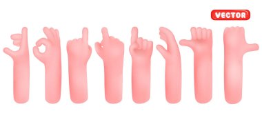 Çizgi film tarzında gerçekçi 3D dizayn seti. El hareketleri farklı işaretler gösterir. Vektör illüstrasyonu