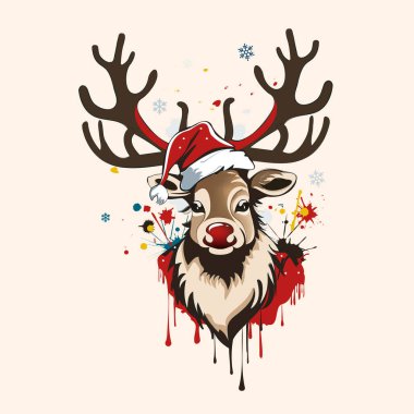 Kuzeyli ren geyiği Noel Baba şapkası takıyor sokak sanatı tarzında parlak boya damlaları var.