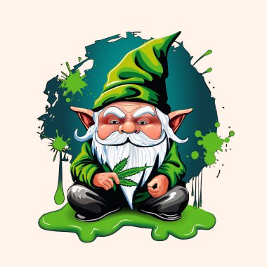 Gnome holding marijuana. Vector clip art illustration with paint splatter on background clipart